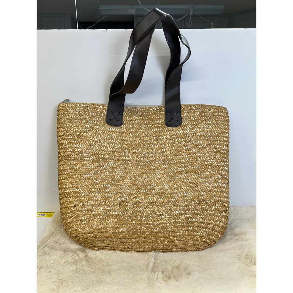 Woven Straw Tote Bag Tan Brown Shoulder Straps Large Beach Market Zipper Top